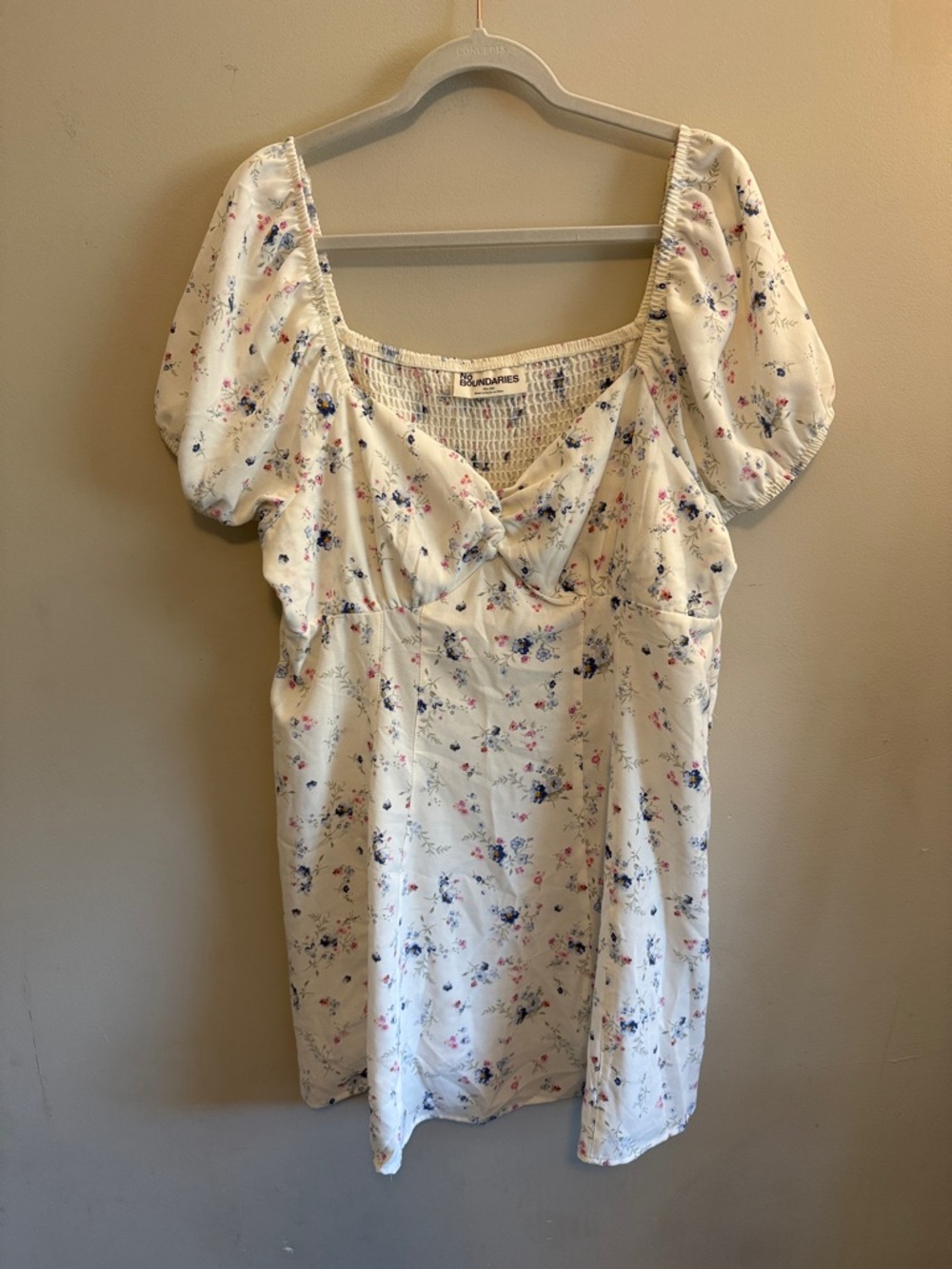 New - No Boundaries Cream Floral Smocked Top with Pink and Blue Sprigs